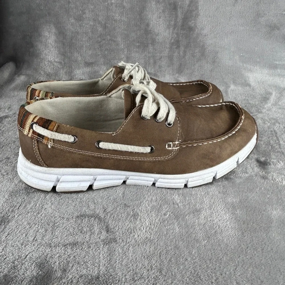 Margaritaville Cabo Brown Canvas Boat Shoes Mens 10M Striped Heel Loafers 315150